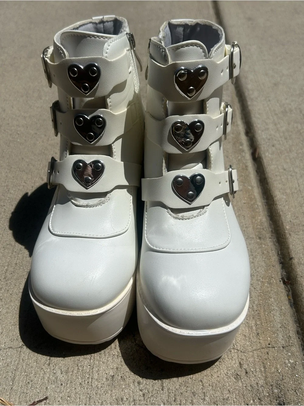 White Platform Ankle Boots with Heart Buckles